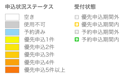 空き状況、申込状態凡例